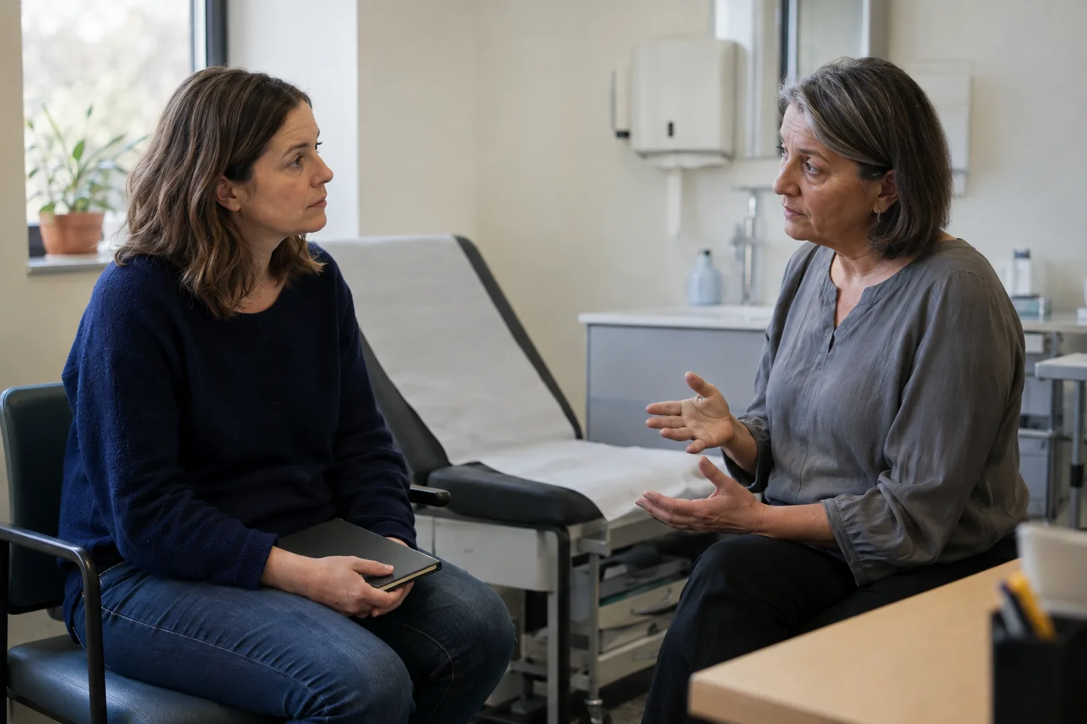 Mother discussing minoxidil for childhood hair loss with a dermatologist in a UK consulting room